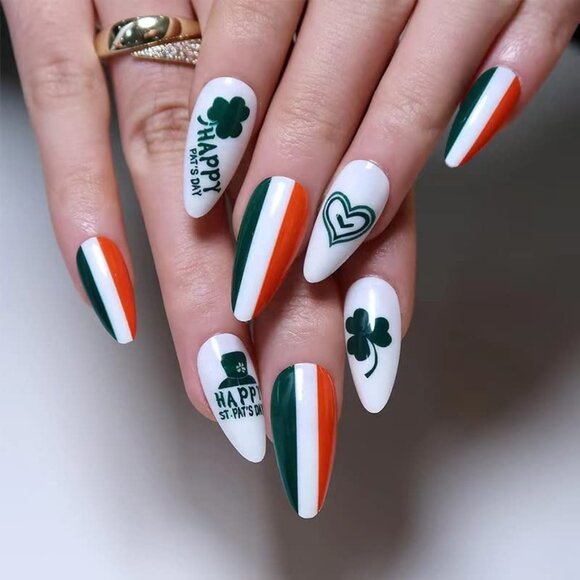 Press on nails 24Pcs Almond Green St. Patrick's Day Non-Toxic Odorless striped - Picture 2 of 7
